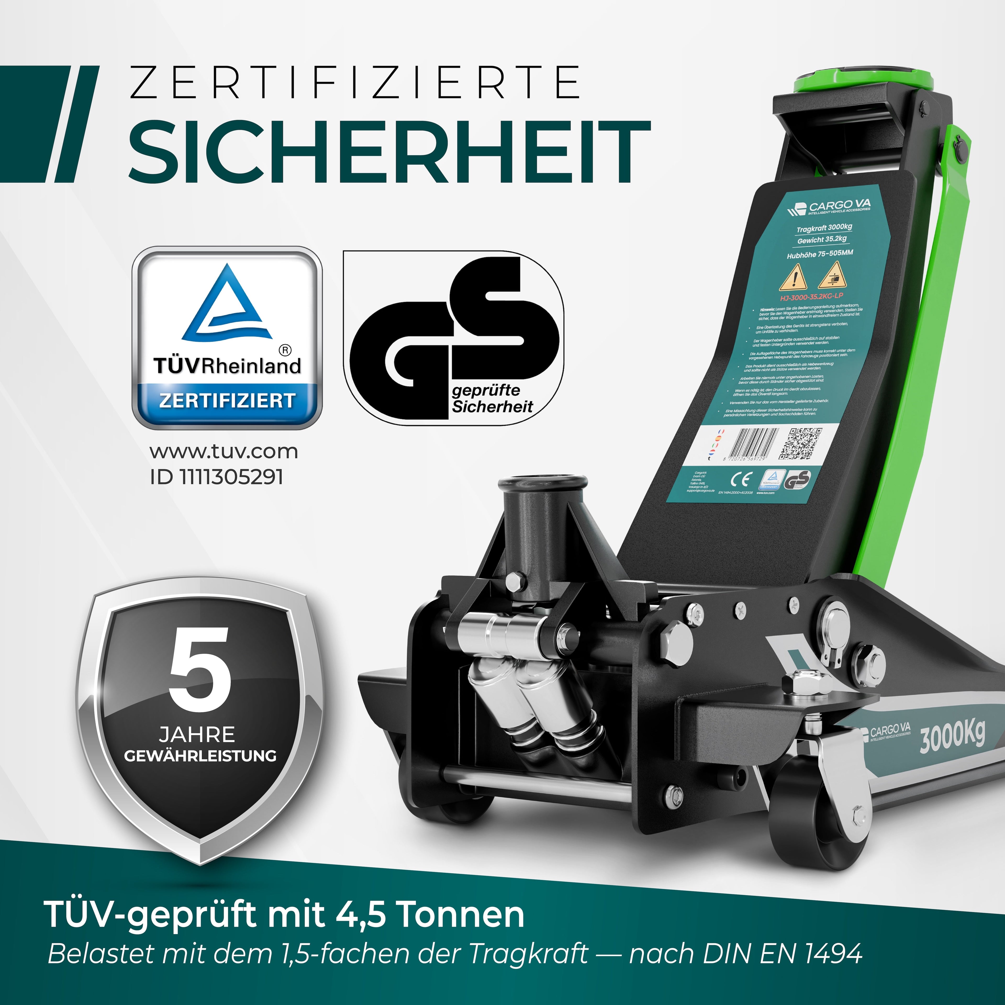 CargoVA Hydraulic Floor Jack 3T TÜV Certified 75-505 mm Lifting Range