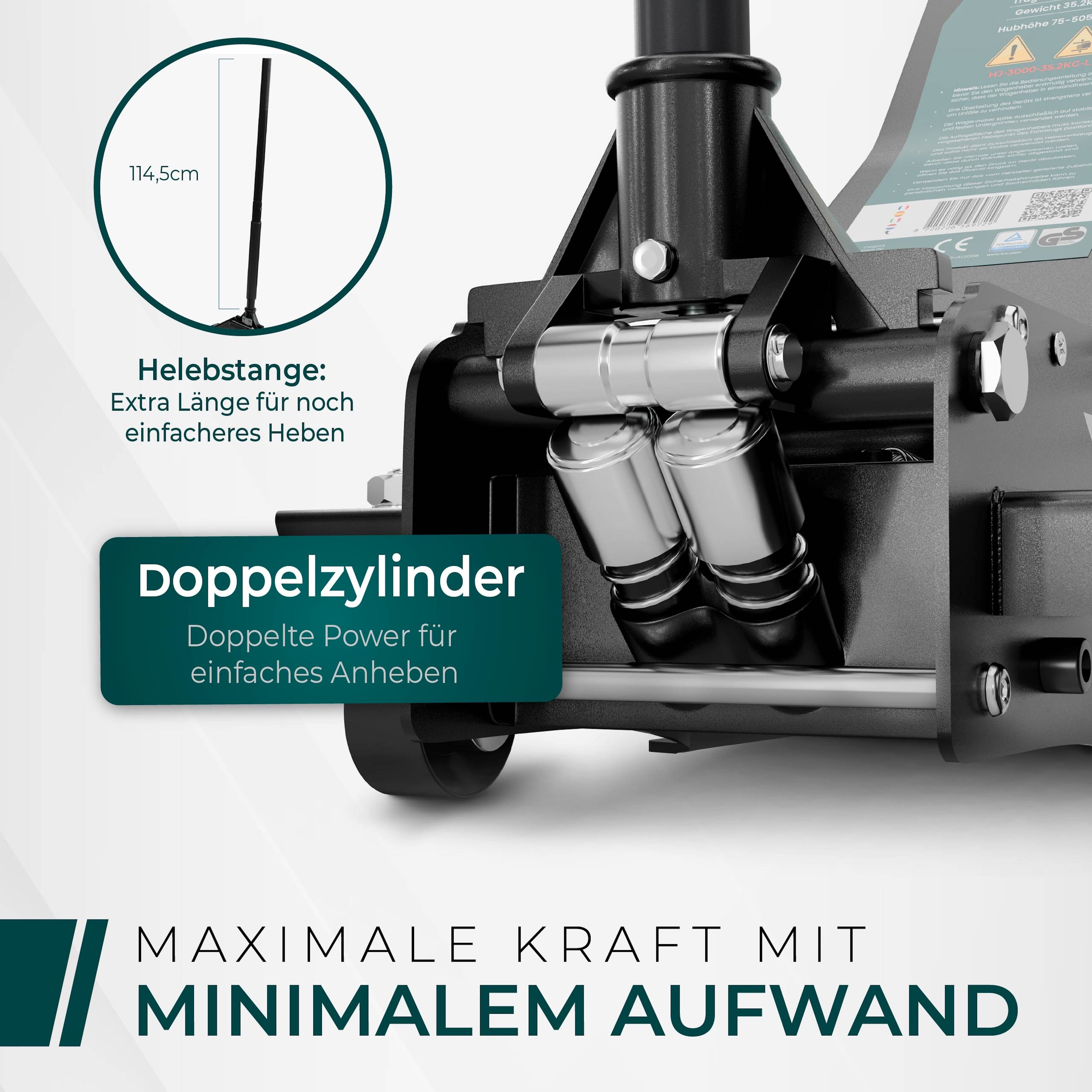 CargoVA Hydraulic Floor Jack 3T TÜV Certified 75-505 mm Lifting Range