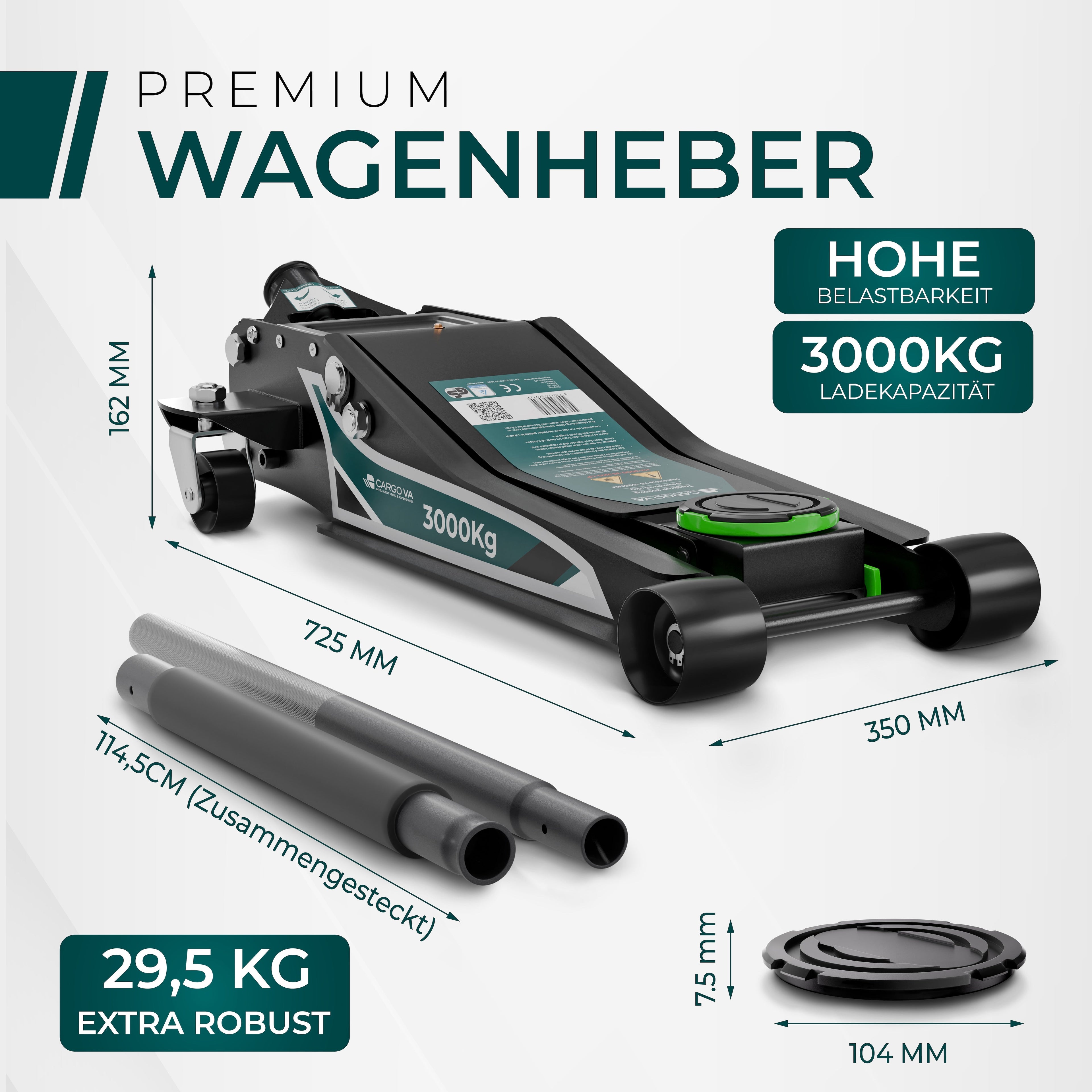 CargoVA Hydraulic Floor Jack 3T TÜV Certified 75-505 mm Lifting Range